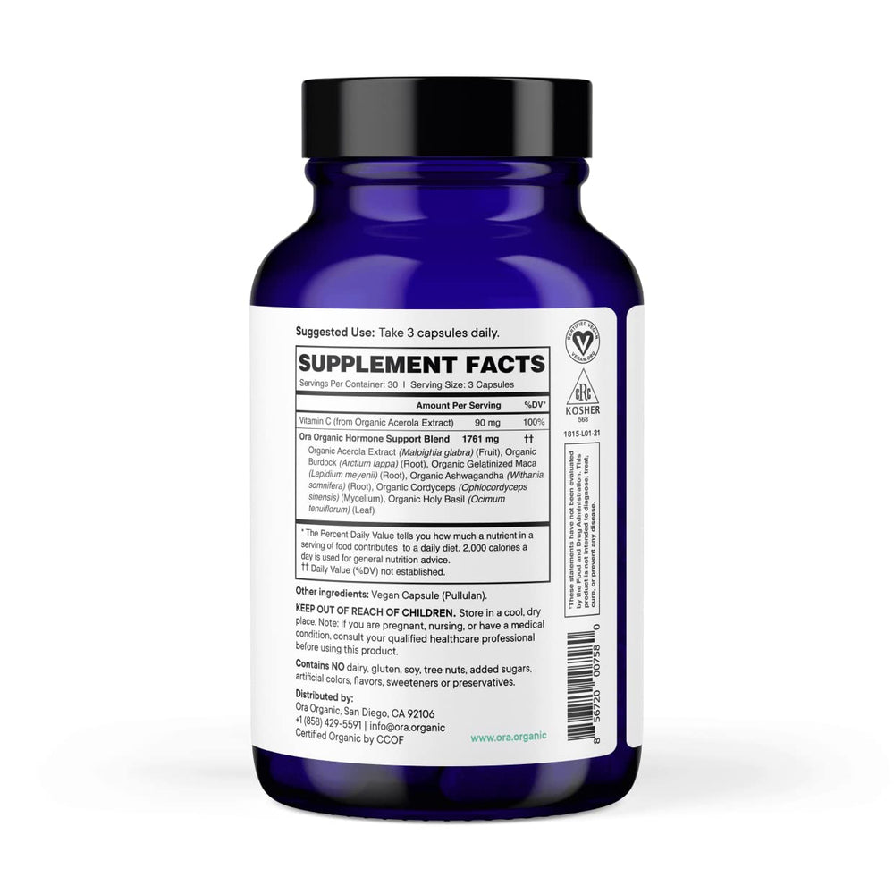 Ora Organic Hormone Balance ingredients pack highlighting ashwagandha, maca, and cordyceps