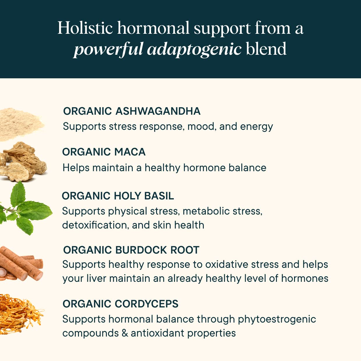 Ora Organic Hormone Balance label detail showing plant based clean formula