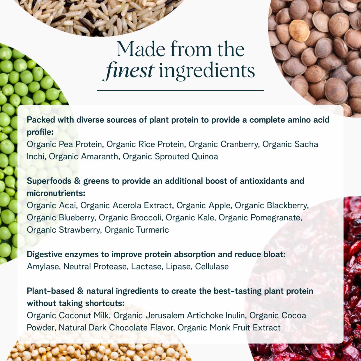 Ora Organic ingredients close-up showcase superfoods for micronutrient-rich plant protein.