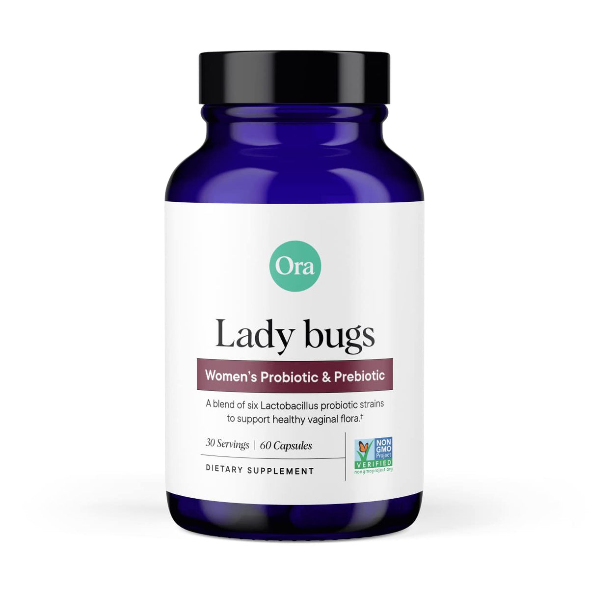 Ora Organic Lady Bugs bottle closeup showing vegan probiotic for vaginal and urinary balance