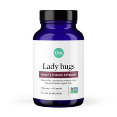Ora Organic Lady Bugs bottle closeup showing vegan probiotic for vaginal and urinary balance