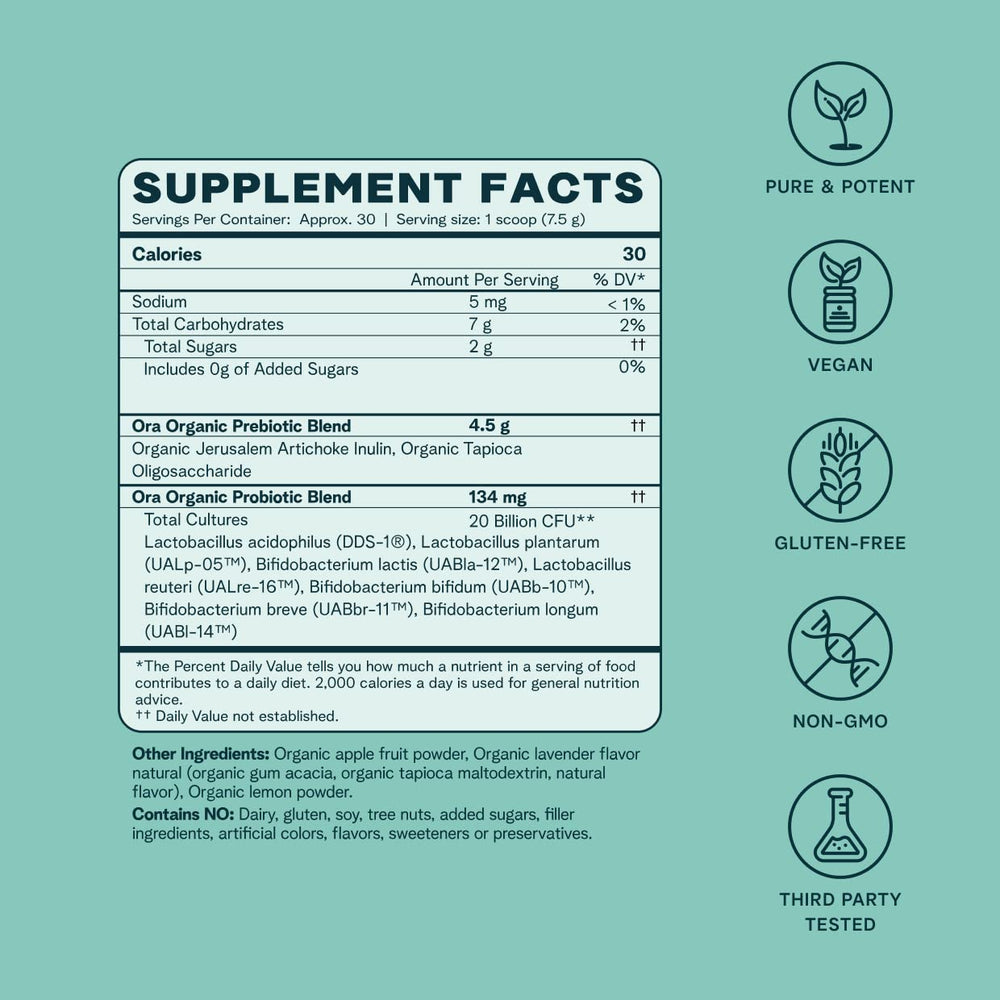 Ora Organic lavender lemonade flavor powder with easy-dispense scoop for daily use.