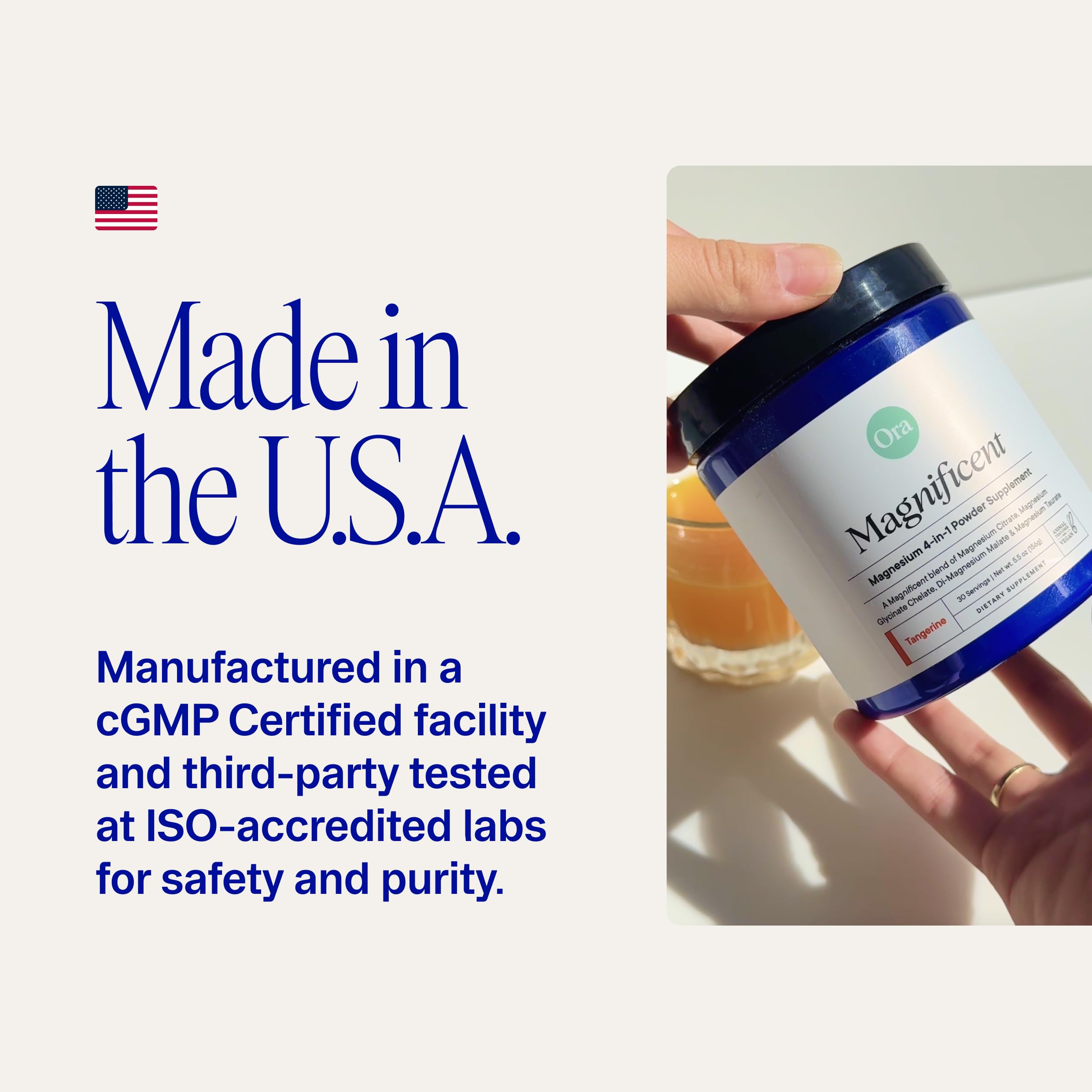 Ora Organic Magnesium Complex bottle labeled 30 servings for daily use.