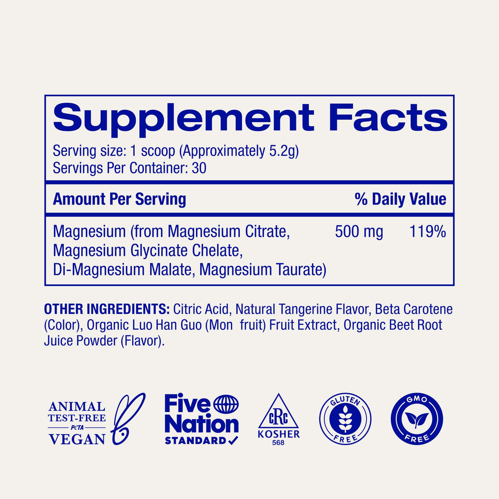 Ora Organic Magnesium Complex label close-up showing the 4-type blend for absorption.