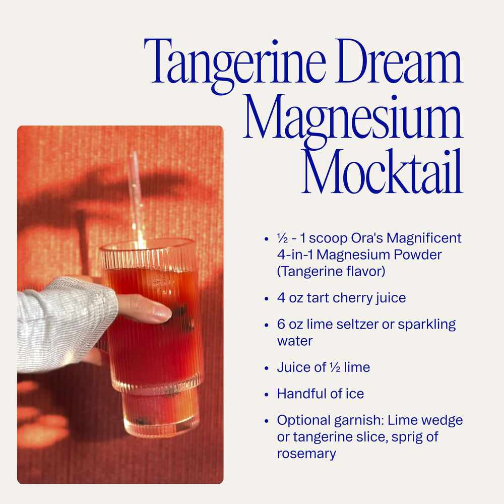Morning smoothie with Ora Organic magnesium powder for calm and recovery.