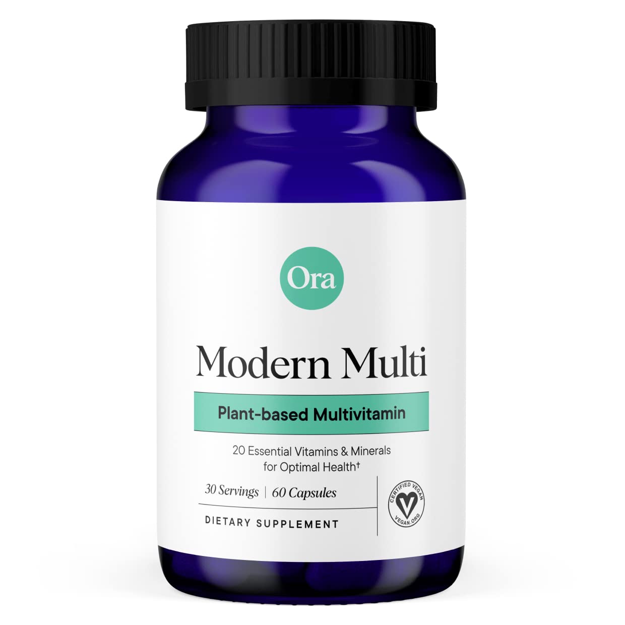 Ora Organic Modern Multivitamin bottle front view highlighting vegan capsules for daily wellness.
