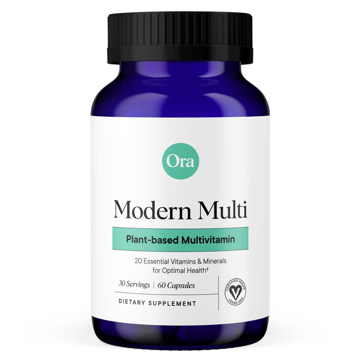 Ora Organic Modern Multivitamin bottle front view highlighting vegan capsules for daily wellness.