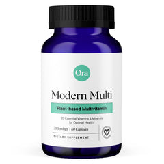 Ora Organic Modern Multivitamin bottle front view highlighting vegan capsules for daily wellness.