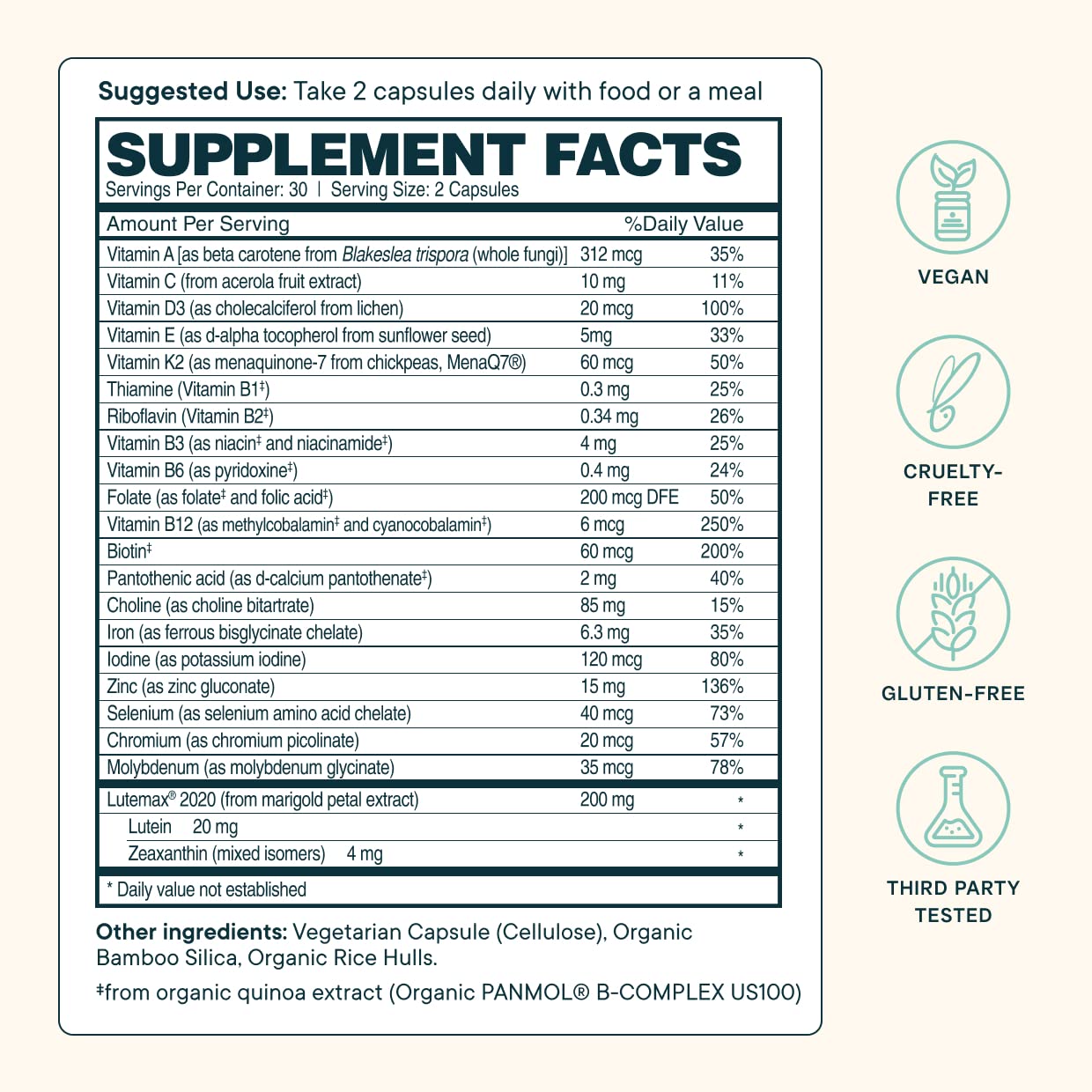 Ora Organic Modern Multivitamin capsules close-up showcasing plant-based nutrients.