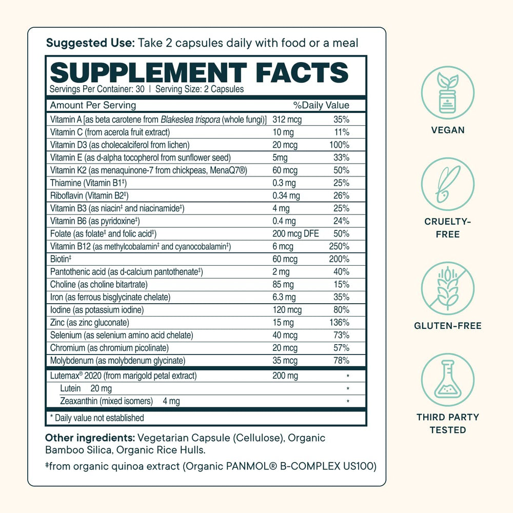 Ora Organic Modern Multivitamin capsules close-up showcasing plant-based nutrients.