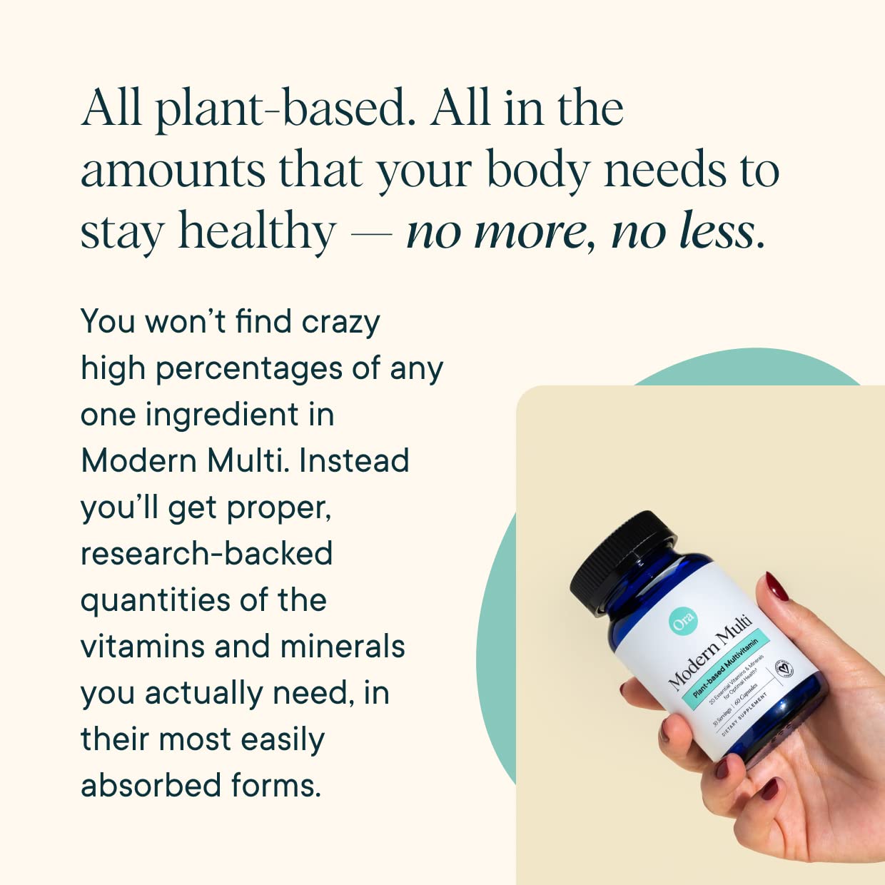 Ora Organic Modern Multivitamin label close-up detailing vegan, gluten-free, cruelty-free status.