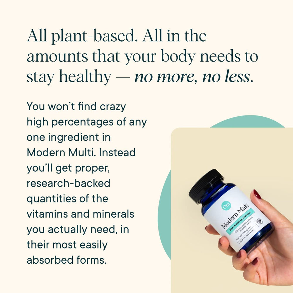 Ora Organic Modern Multivitamin label close-up detailing vegan, gluten-free, cruelty-free status.