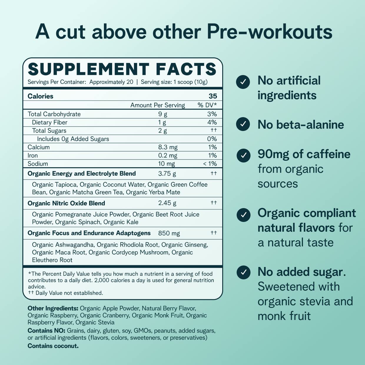 Closeup of Ora Organic Pre Workout label shows organic caffeine sources