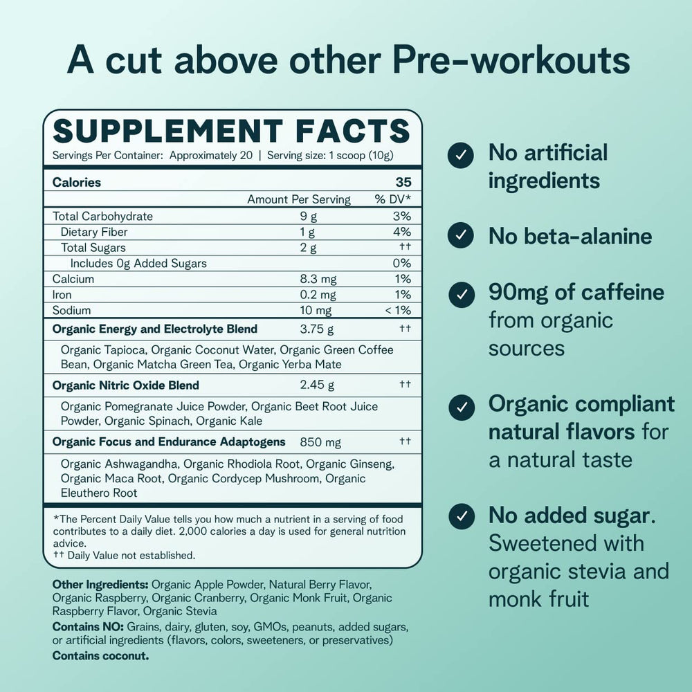 Closeup of Ora Organic Pre Workout label shows organic caffeine sources