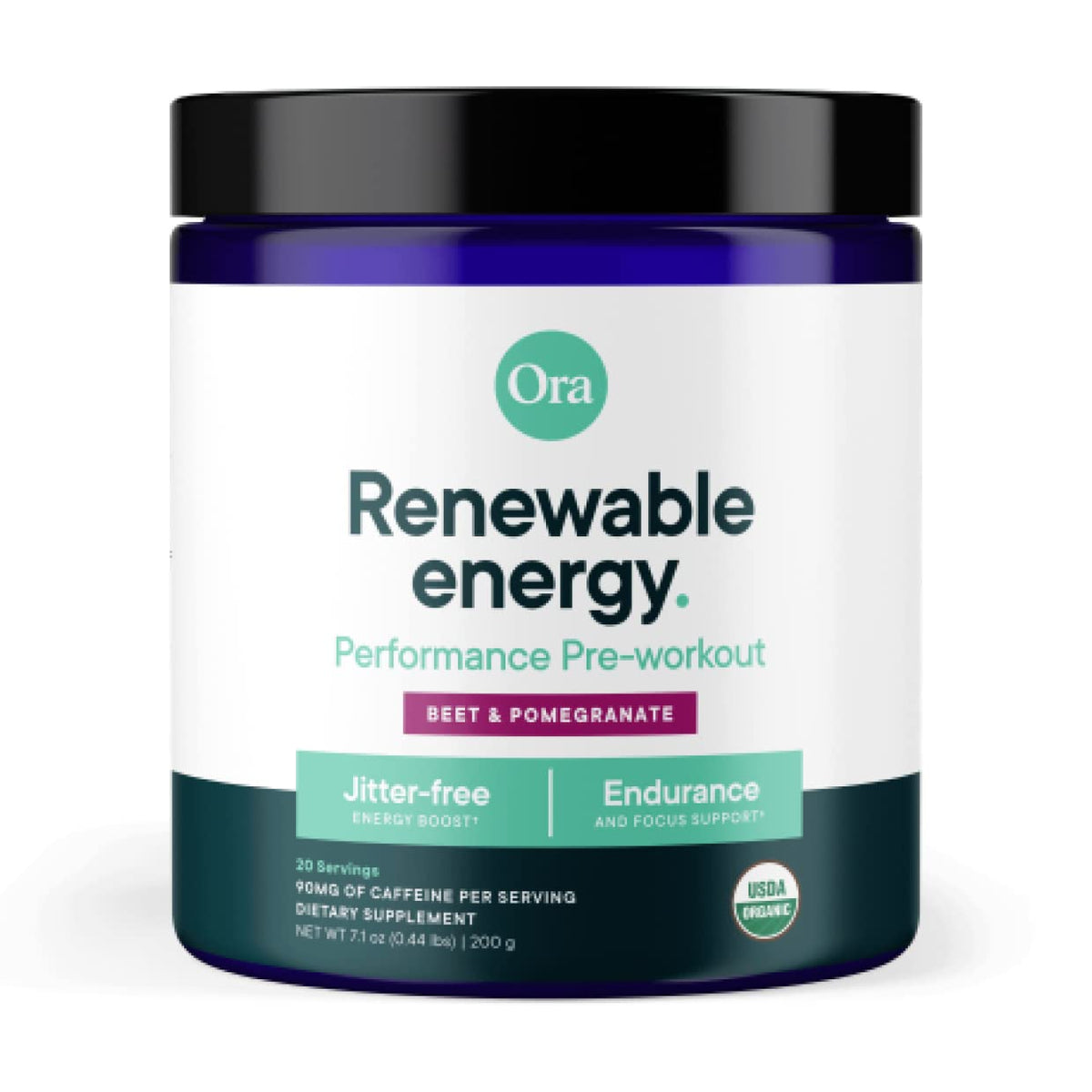 Ora Organic Pre Workout Powder Berry Beet tub on counter highlights vegan formula for workouts
