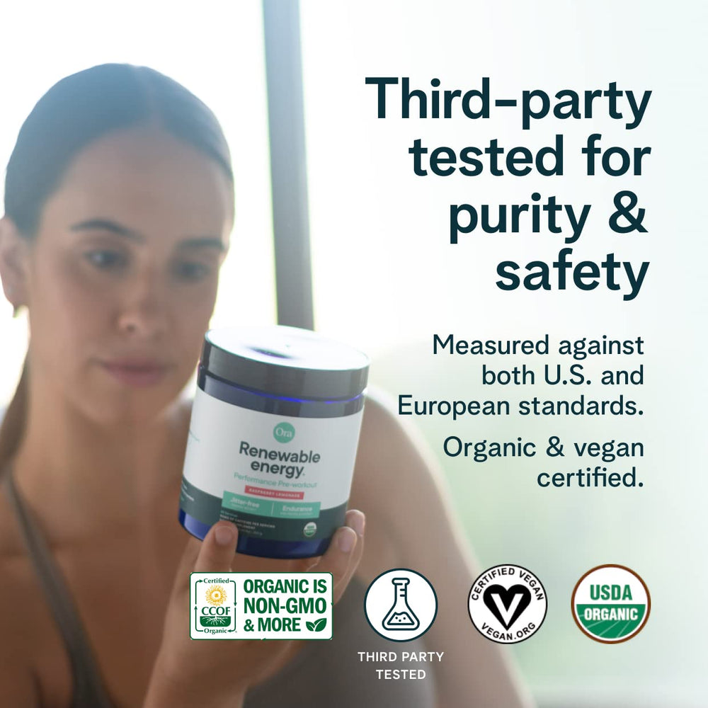 Powder dissolving in water signaling fast, clean energy from Ora Organic pre-workout.