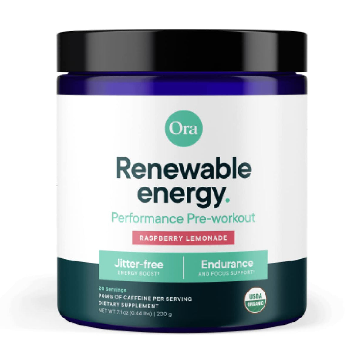 Ora Organic pre-workout raspberry lemonade tub with scoop for smooth energy.
