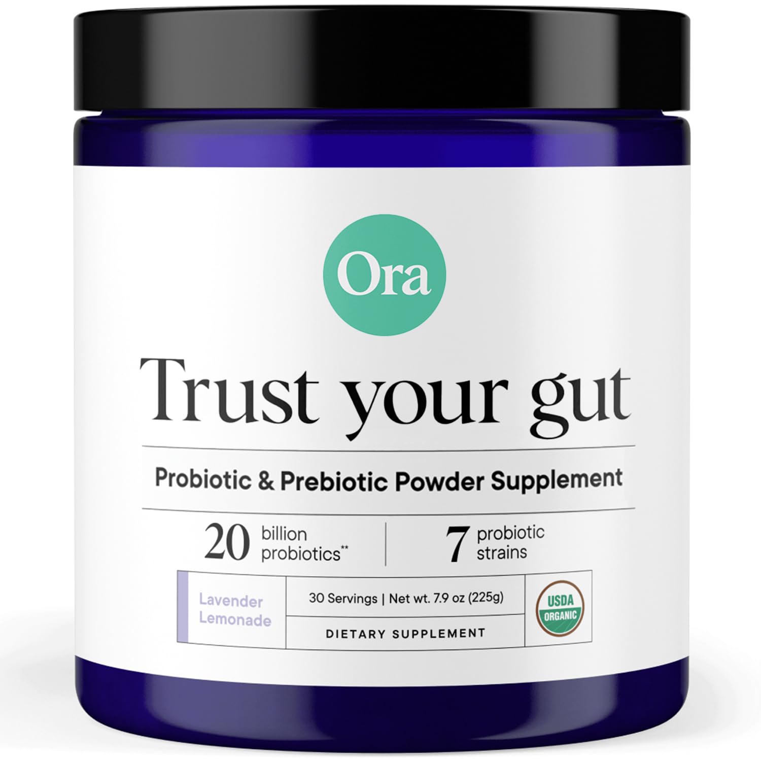 Ora Organic probiotic powder bottle for daily digestive support and vegan synbiotic blend.