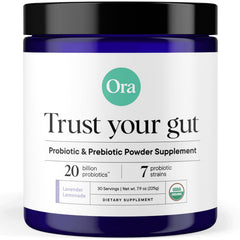 Ora Organic probiotic powder bottle for daily digestive support and vegan synbiotic blend.