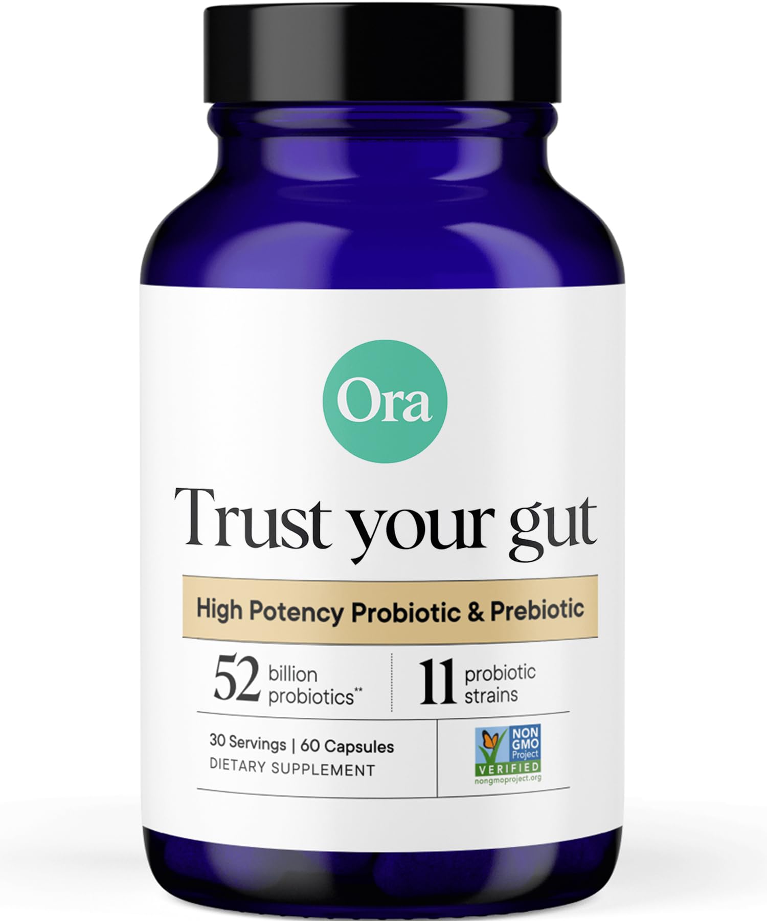 Ora Organic Probiotics high potency bottle showing 52B CFU potential digestive support