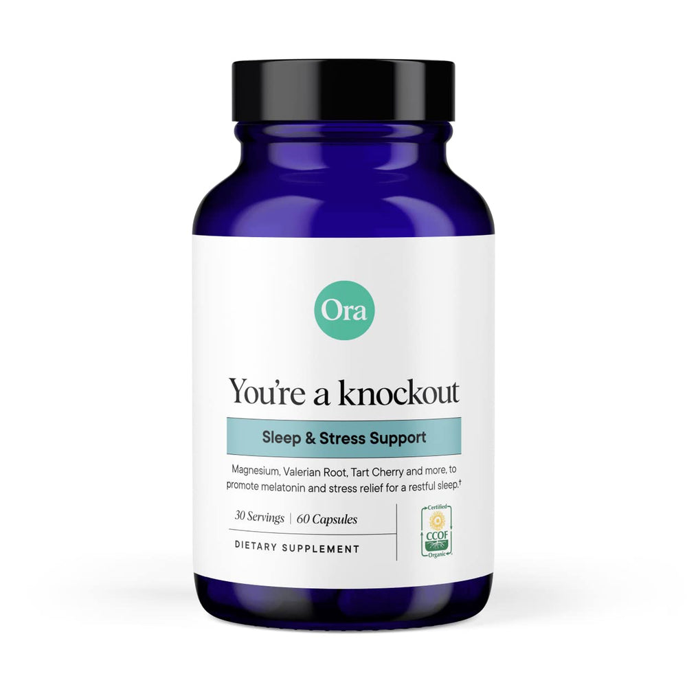 Ora Organic Sleep Aid bottle closeup showing calming herbal blend for restful nights