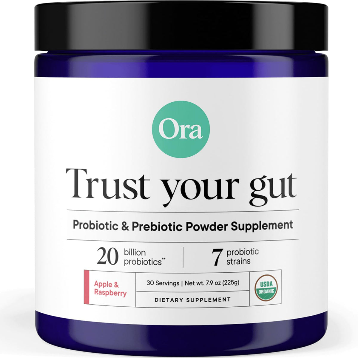 Ora Organic synbiotic bottle front showing shelf-stable probiotic for gut health