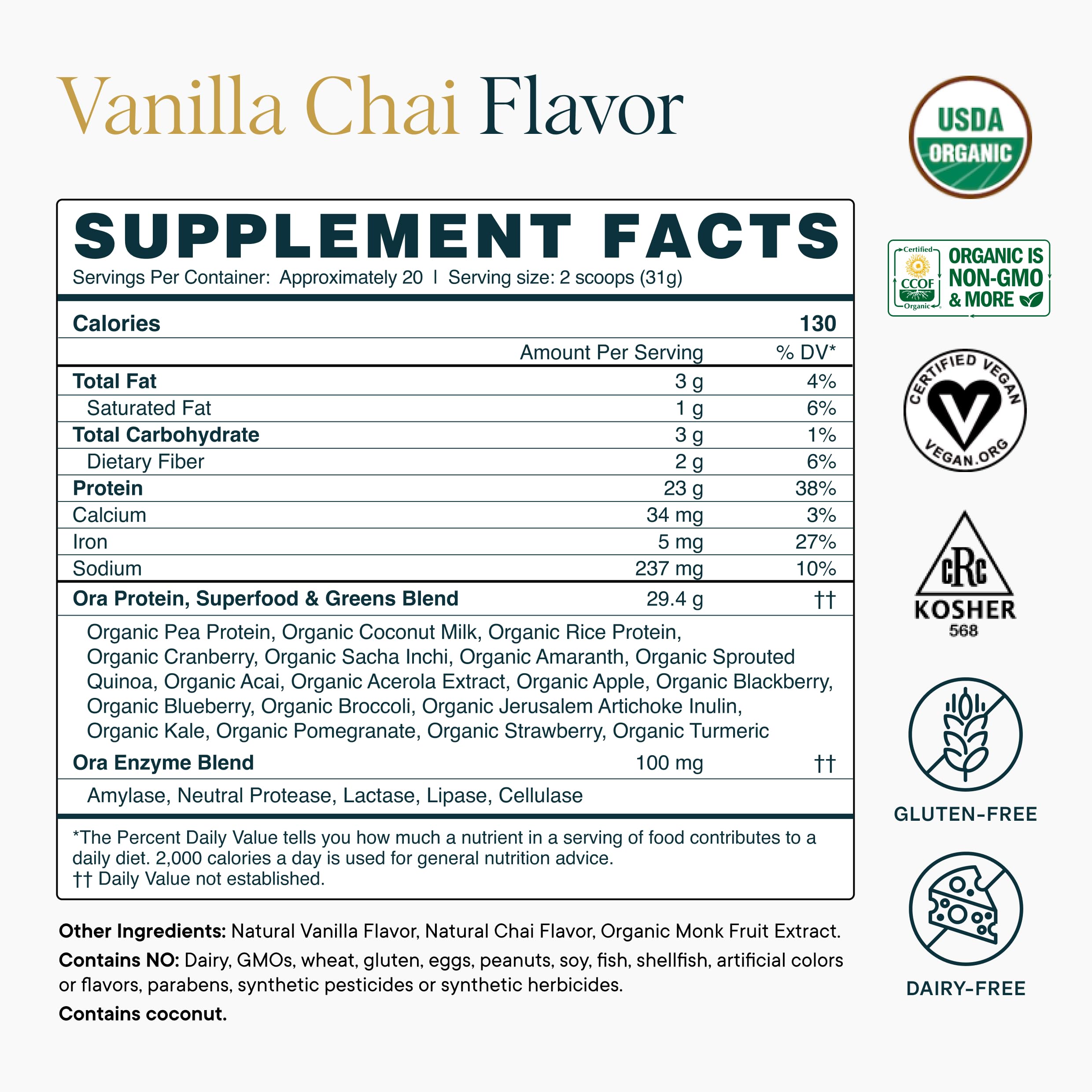 Ora Organic Vanilla Chai protein powder close-up highlighting texture and flavor