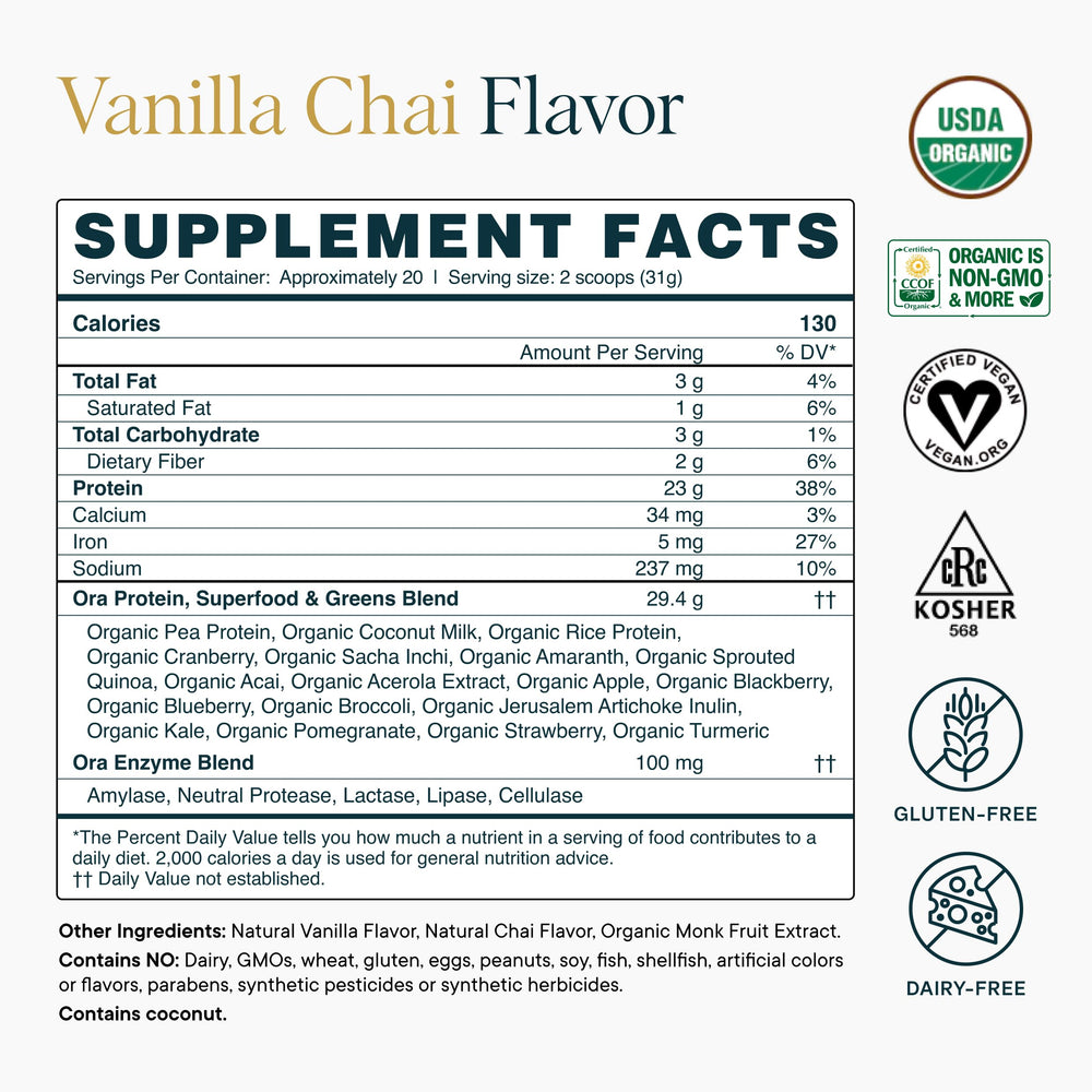 Ora Organic Vanilla Chai protein powder close-up highlighting texture and flavor