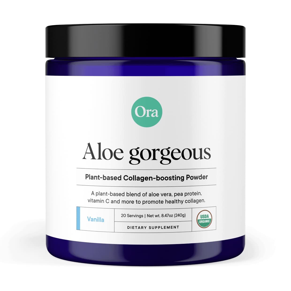 Ora Organic vanilla-flavor powder tub for daily beauty support and hydration.