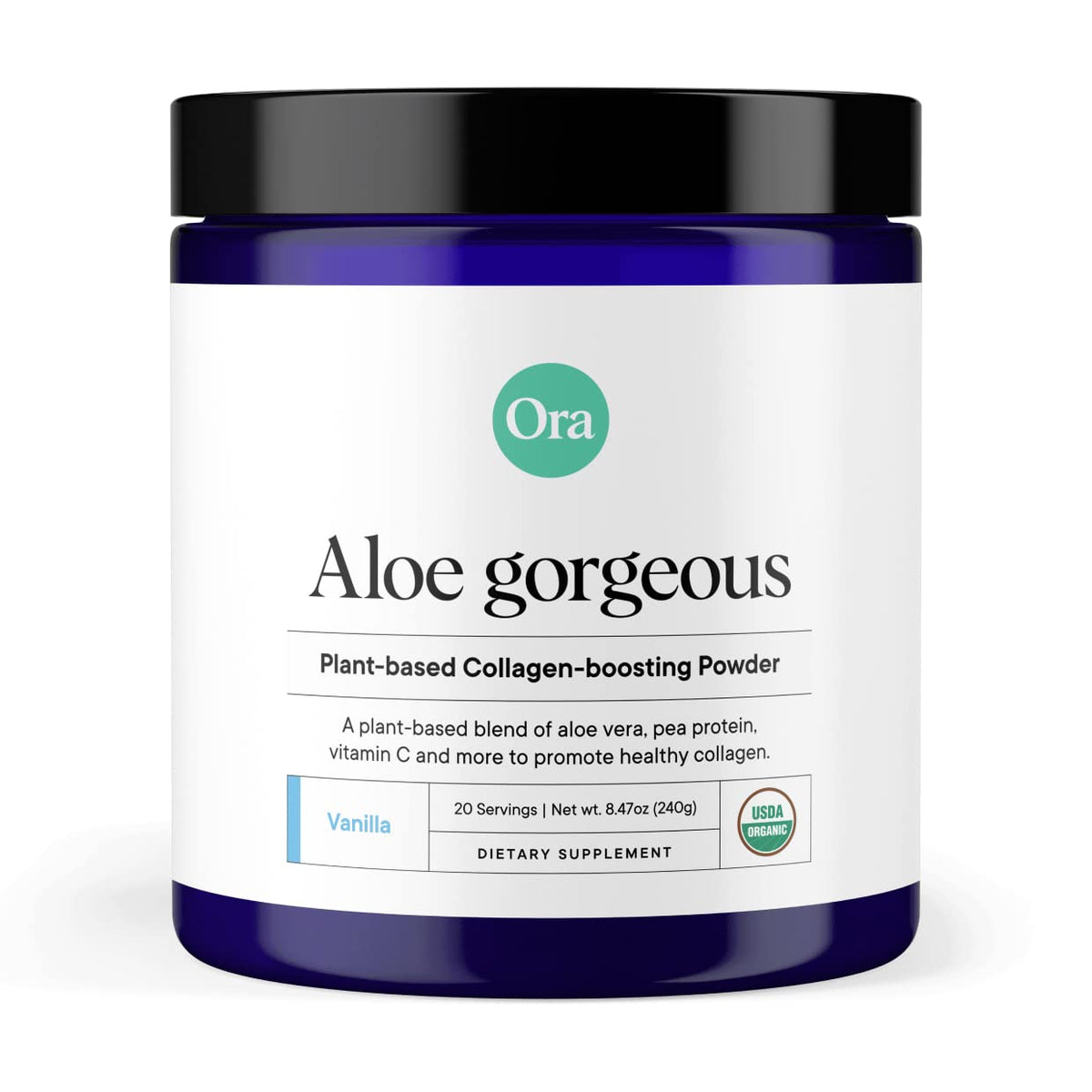 Ora Organic vanilla-flavor powder tub for daily beauty support and hydration.