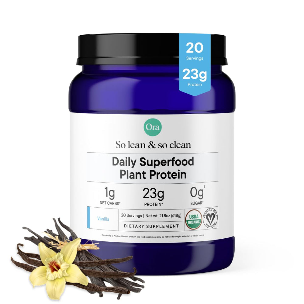 Ora Organic vanilla protein powder bottle for clean plant-based nutrition.