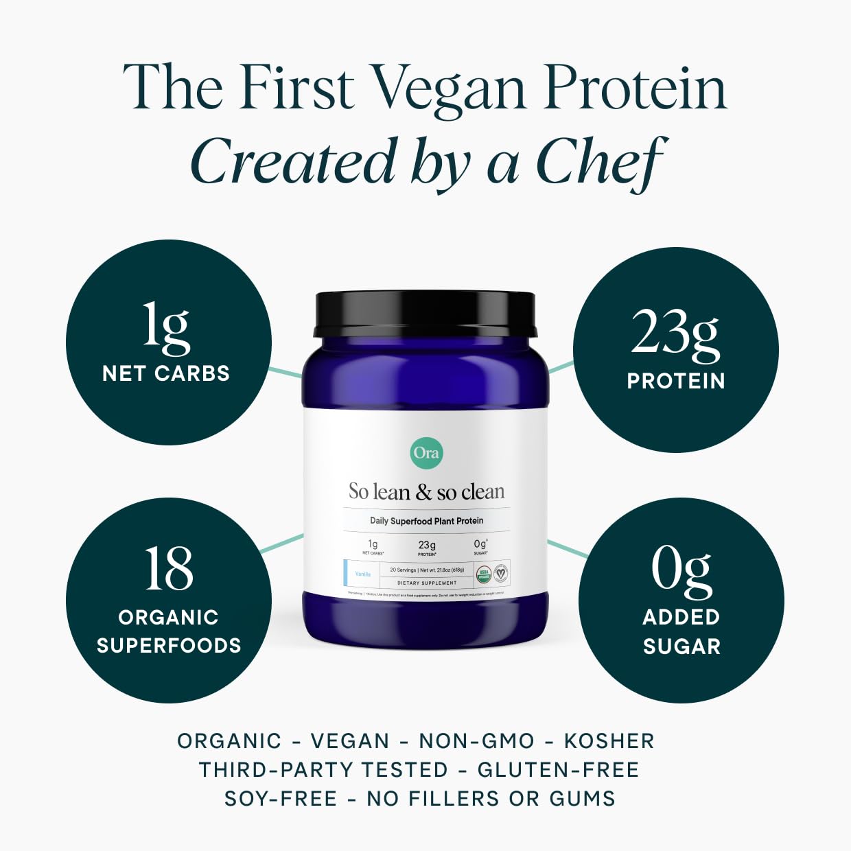 Ora Organic vanilla protein powder scoop shows convenient serving size.