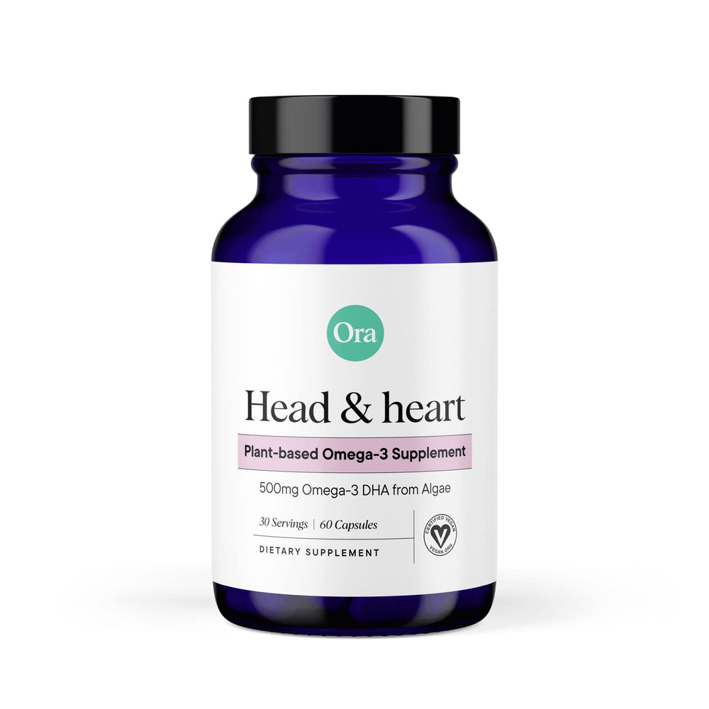 Ora Organic vegan Omega-3 DHA bottle from algae supports sustainable wellness and daily cardiovascular care.