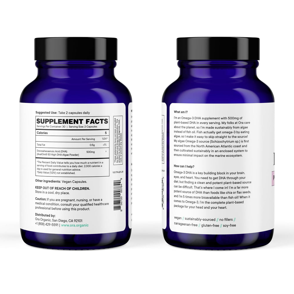 Ora Organic Omega-3 DHA bottle for memory and cognitive support with consistent daily intake.