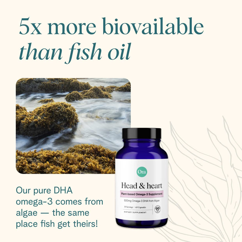 Ora Organic algae-based DHA supports heart health as part of a regular routine.