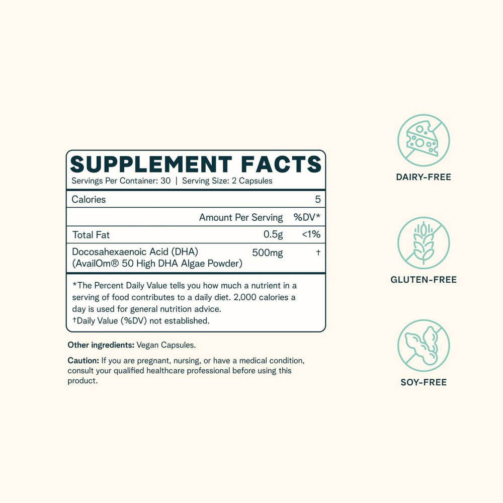 Ora Organic algae-derived DHA bottle highlights sustainable sourcing for brain and eye support.