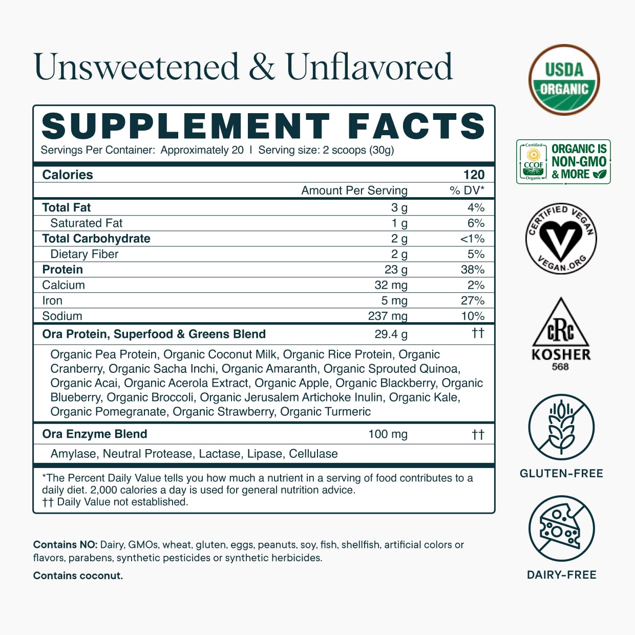Ora Organic Vegan Protein Powder dairy free formula suitable for vegan meals.