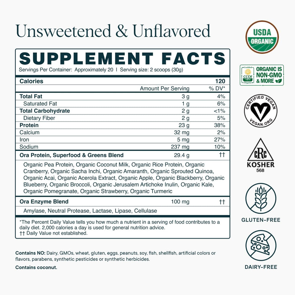Ora Organic Vegan Protein Powder dairy free formula suitable for vegan meals.