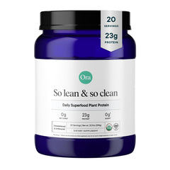 Ora Organic Vegan Protein Powder jar packaging with organic seal for a clean plant-based source.