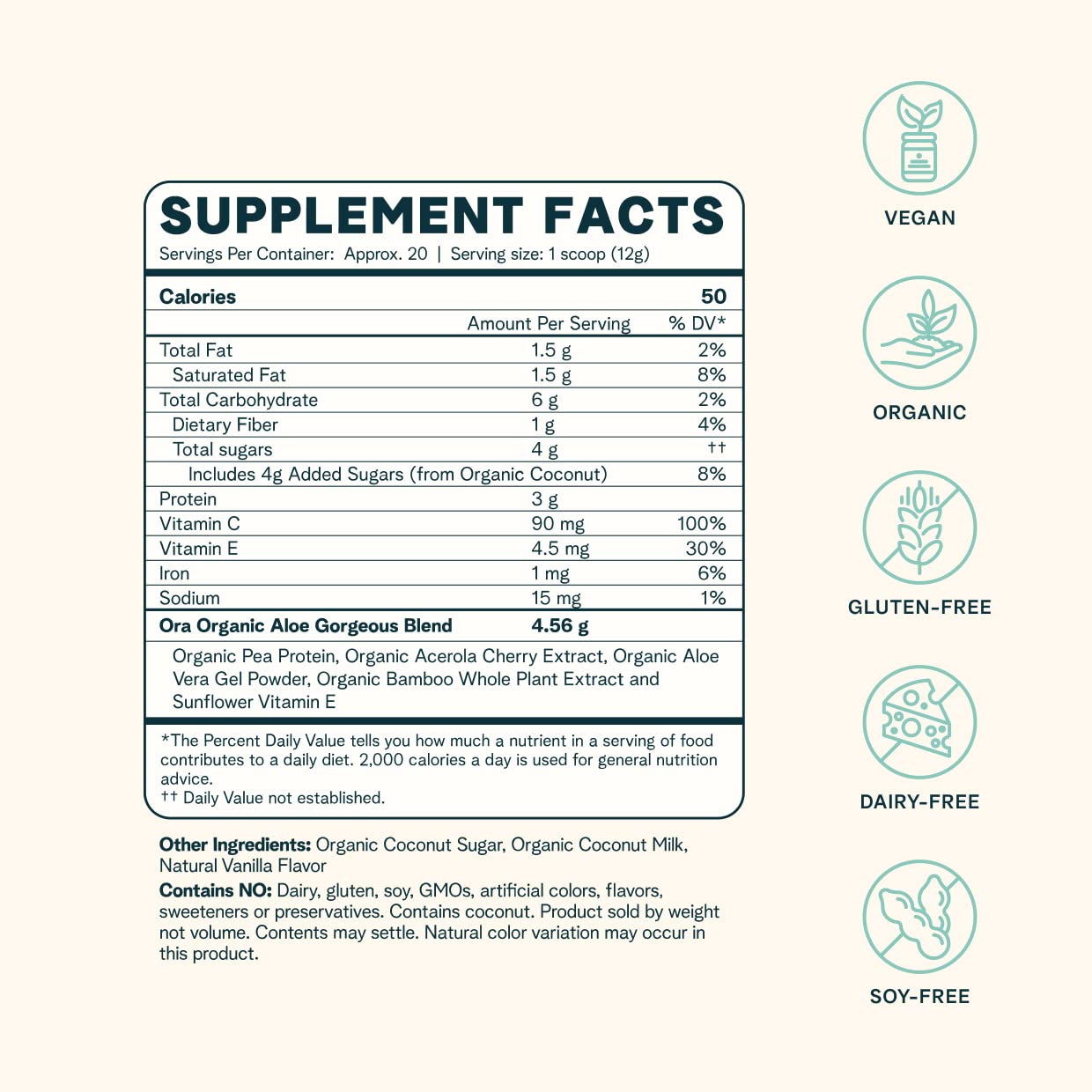 Ora Organic vitamin C bottle emphasizes antioxidant protection and skin brightness.