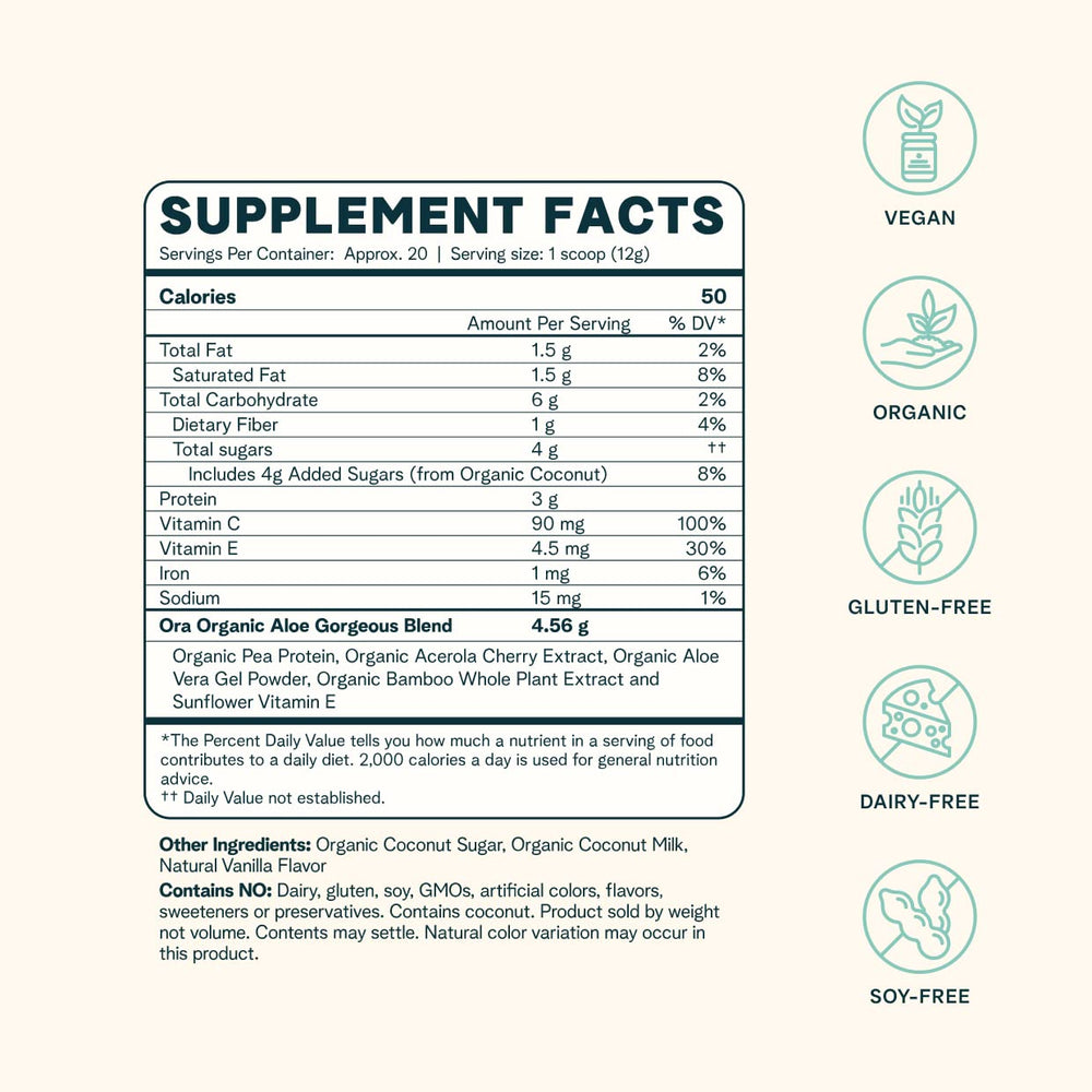Ora Organic vitamin C bottle emphasizes antioxidant protection and skin brightness.