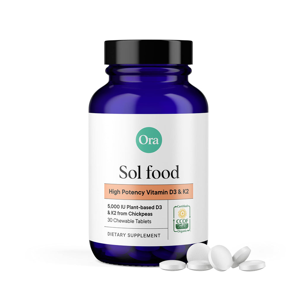 Ora Organic Vitamin D3 + K2 bottle front highlighting vegan D3 for bone support