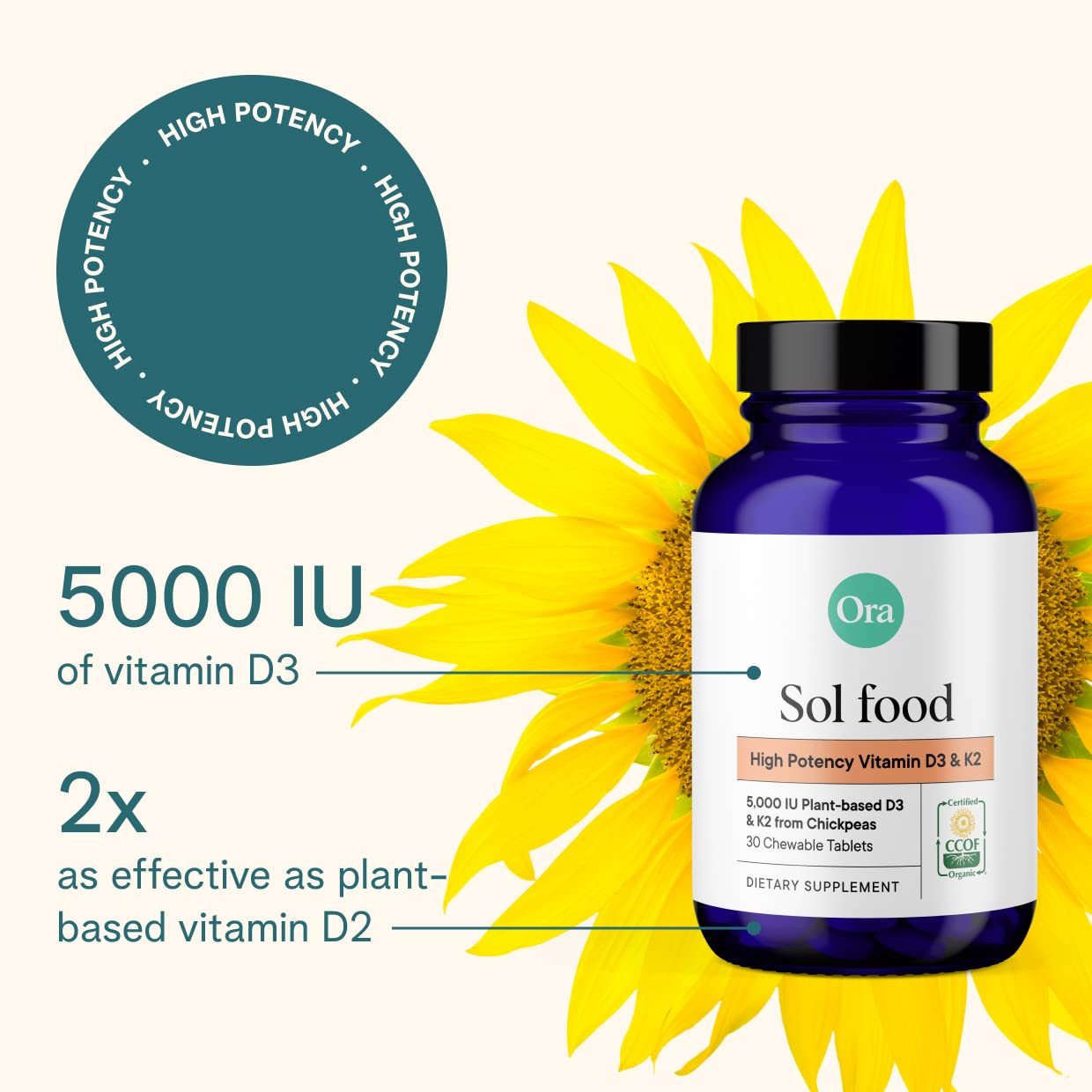 Ora Organic Vitamin D3 + K2 bottle label close-up displaying vegan sourcing and K2 benefits