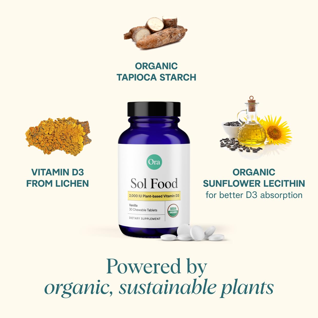 Ora Organic Vitamin D3 vanilla chewable tablet detail showing texture and dose