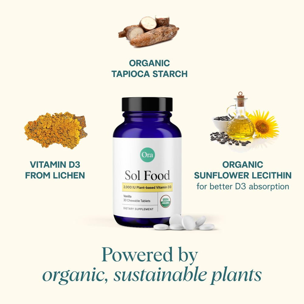 Ora Organic Vitamin D3 vanilla chewable tablet detail showing texture and dose