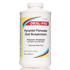 Oral-Pro pyrantel pamoate suspension bottle with easy to measure dosing for home use