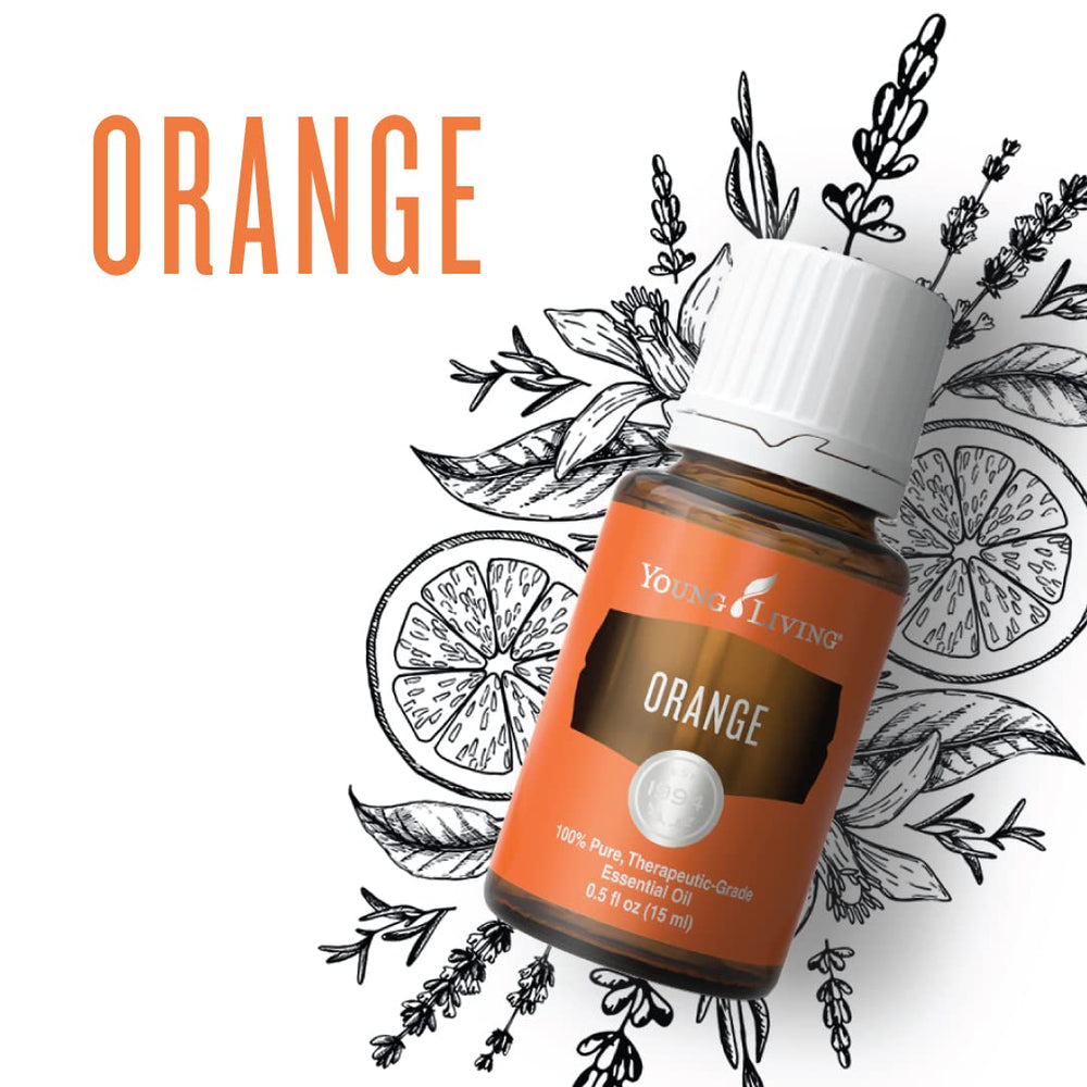 Closeup of Young Living Orange Essential Oil bottle highlighting purity and seed-to-seal quality.