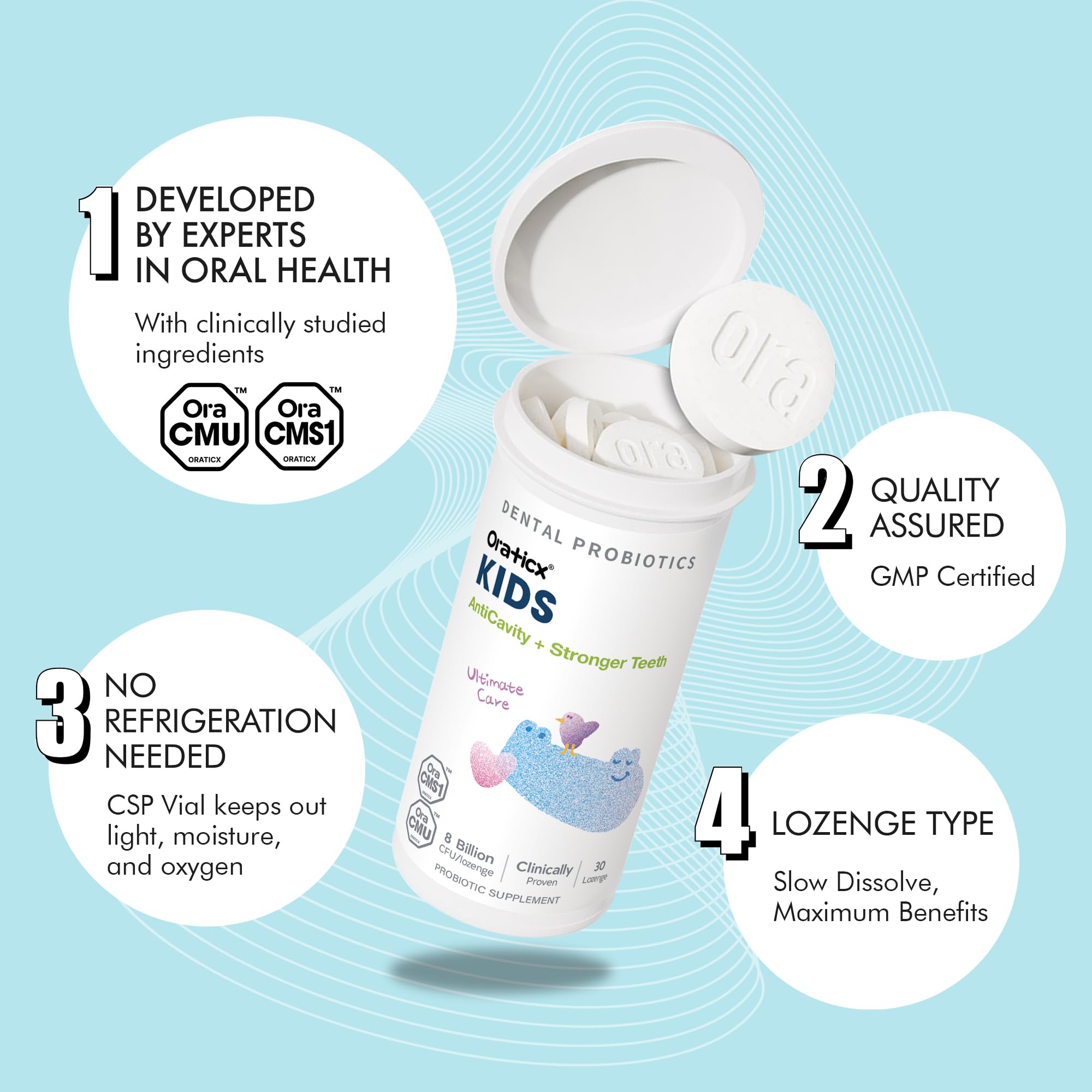 OraTicx Kids Dental Probiotics with xylitol and propolis for dental health.