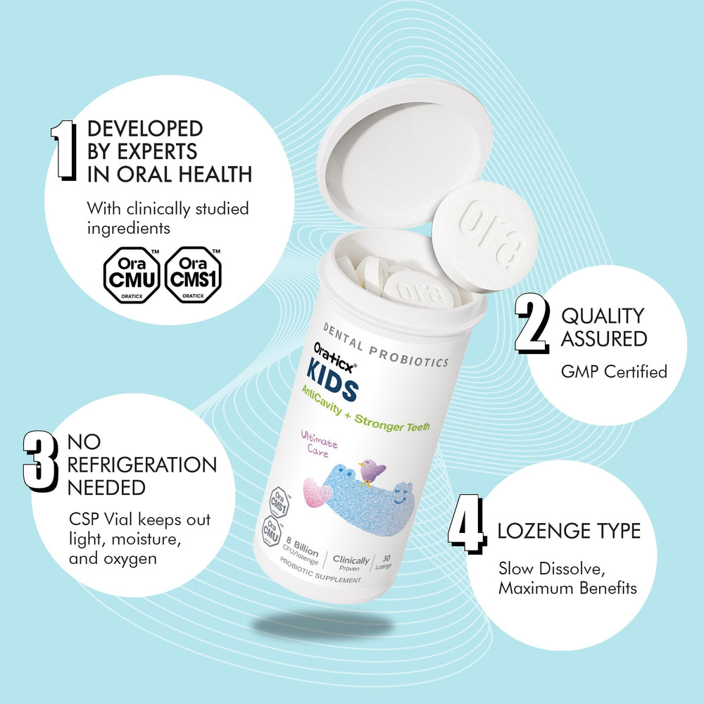 OraTicx Kids Dental Probiotics with xylitol and propolis for dental health.