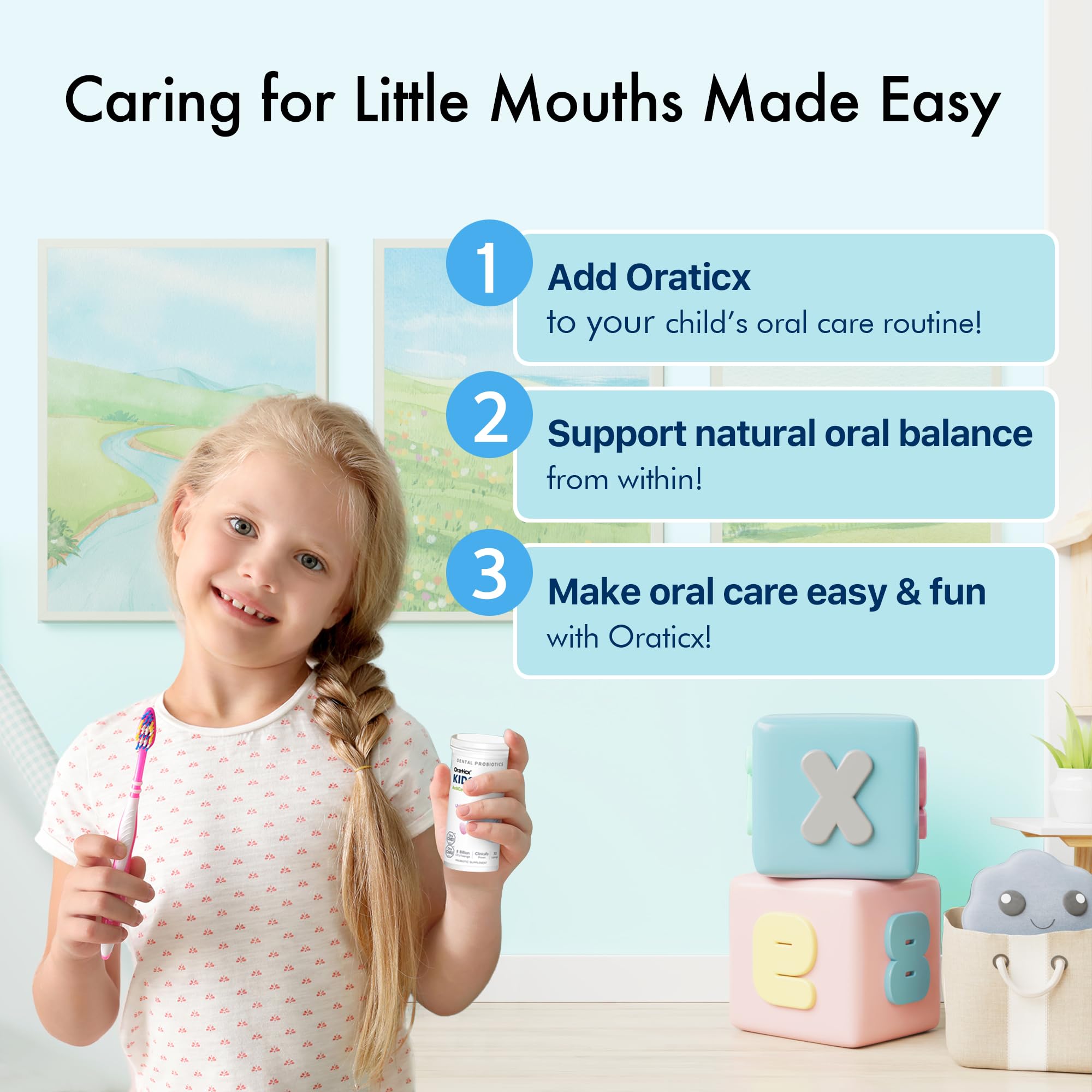 OraTicx Kids Probiotics promotes fresh breath and confident smiles